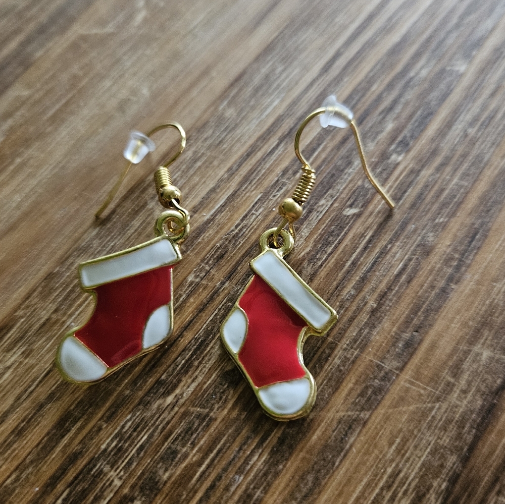 Vibrant Red and White Christmas Stocking Necklace and Earring Set